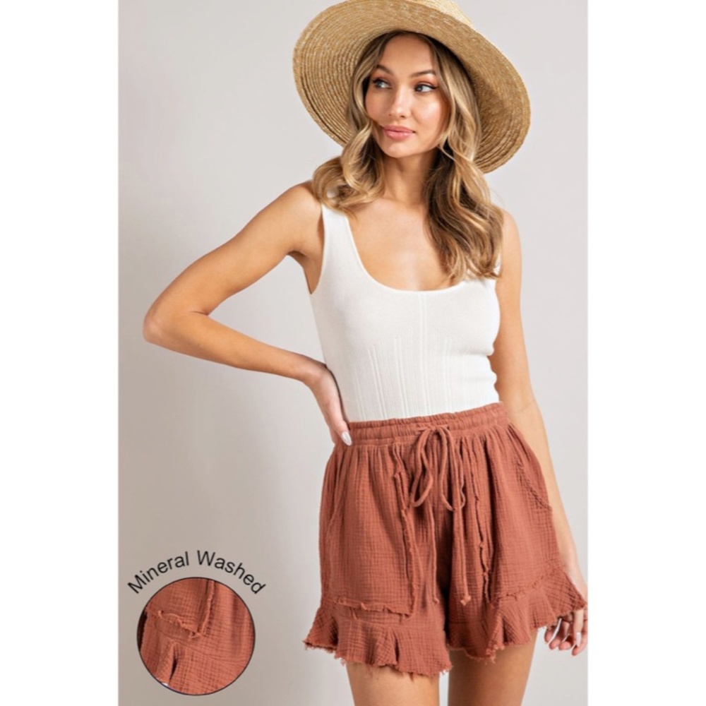 SOLD OUT Clay Mineral Washed Frayed Hem Solid Drawstring Casual Women's Shorts - Picture 4 of 4